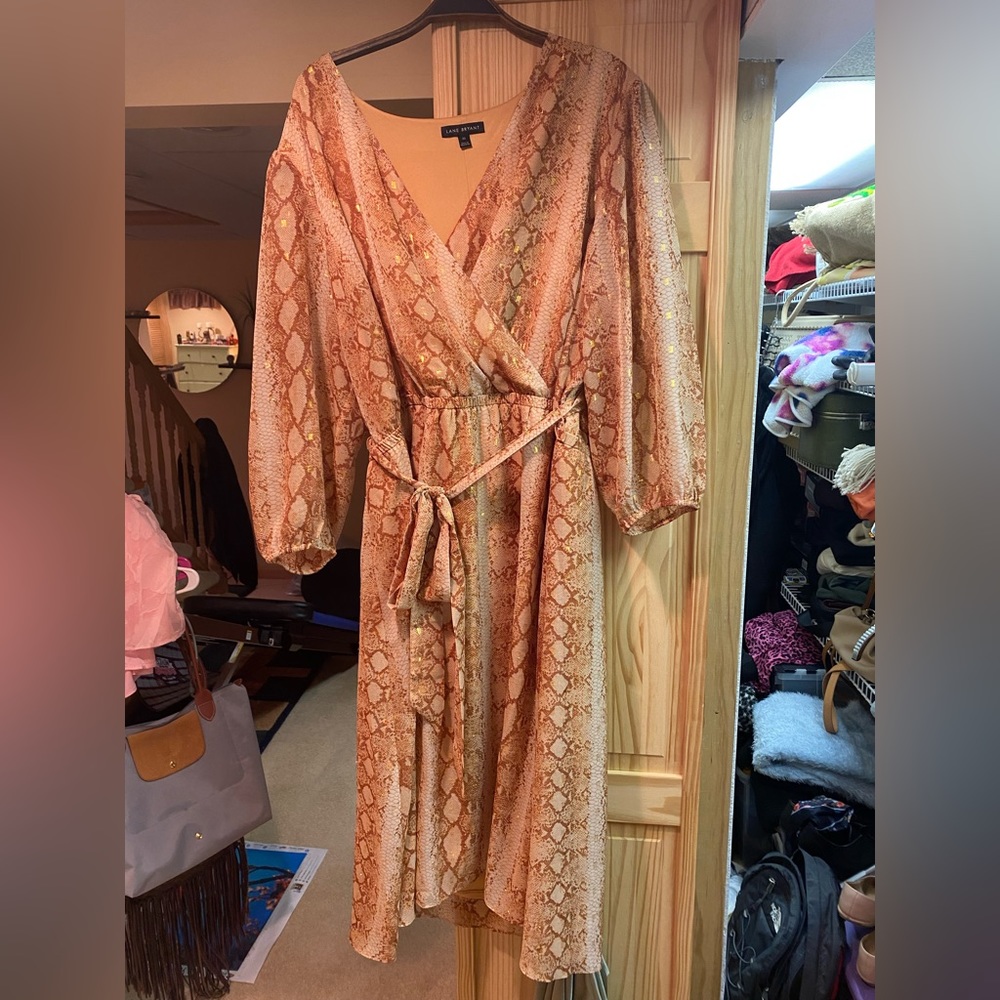 Lane Bryant Gold detail snakeskin pattern midi wrap style dress